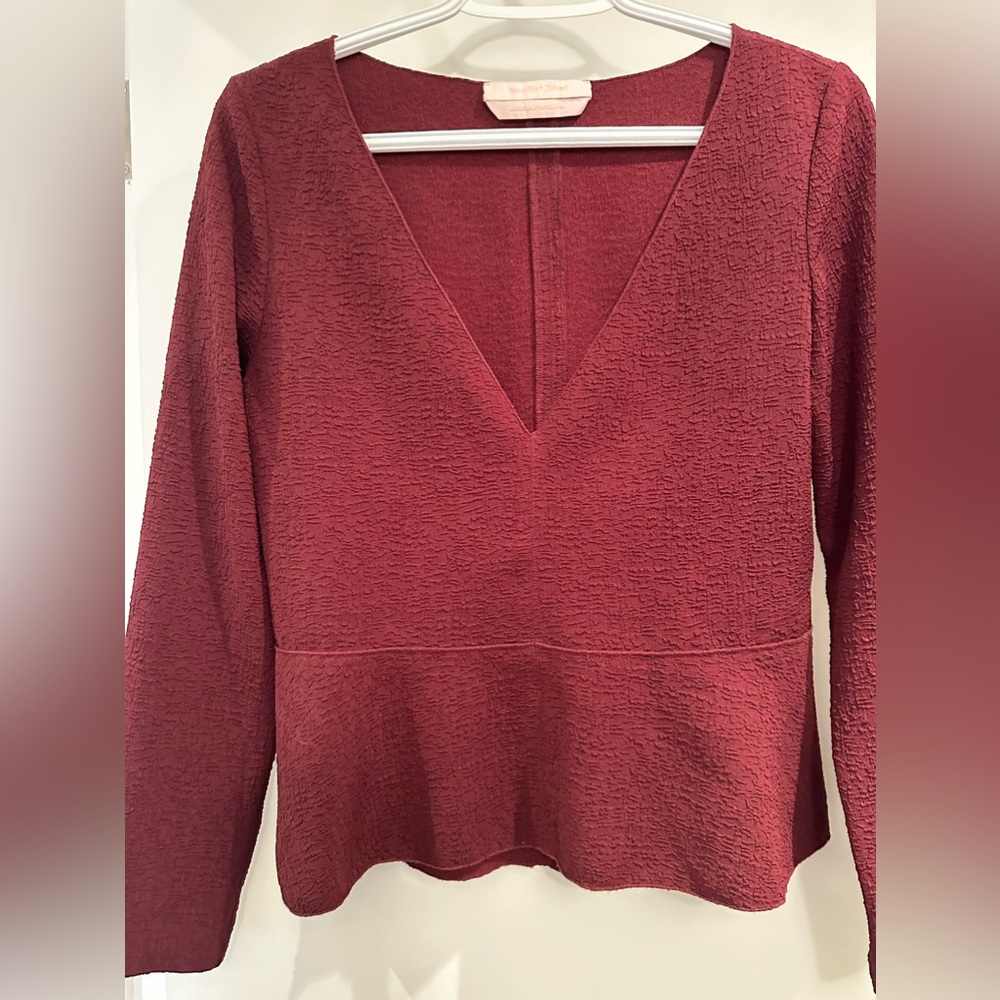 See By Chloé Textured Deep V Peplum Top in Wine Red